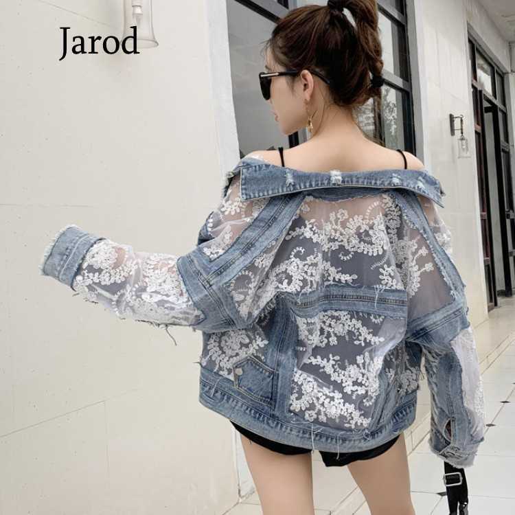 

Fashion Women Hole Denim Jackets Coat Spring Summer Jean Patchwork Lace Embroidery Thin Loose 210526, Blue