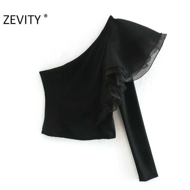 

Zevity Women Fashion Cascading Ruffle Single Shoulder Black Blouse Female Asymmetrical Casual Shirts Chic Blusas Tops LS7305 210603, As pic ls7305xn