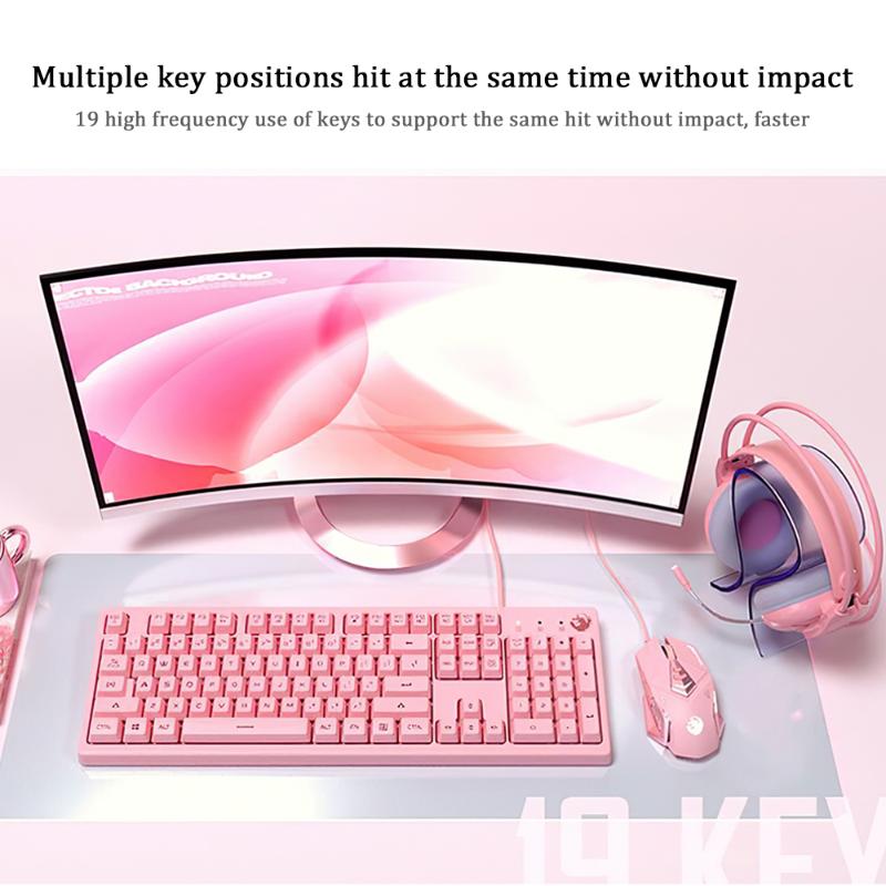 

Keyboard Mouse Combos Mechanical Gaming Sets Headset Cute Pink Teclado 3200 DPI Optical For PC Gamer
