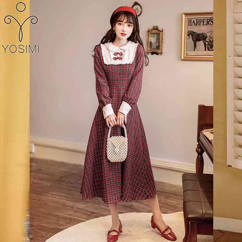 

YOSIMI Vintage Plaid Women Dress Mid-calf Autumn Winter Preppy Style Red Wine Vestidos Peter Pan Collar Long Sleeve Dresses 210604, Maroon