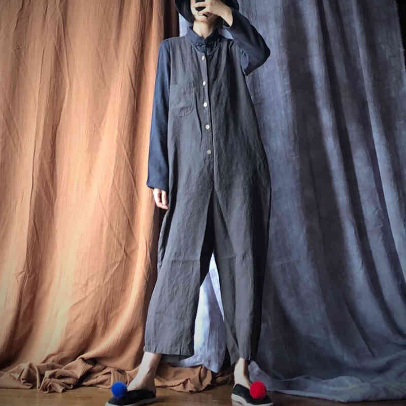 

Johnature Women Vintage Sleeveless Jumpsuits Pockets Cotton Linen Women Autumn Loose Fall Retro Casual Jumpsuits 210521, Gray