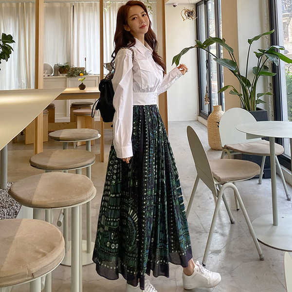 

Autumn OL women 2 piece set Elegant Vintage White Long sleeve Short Shirt + High Waist print chiffon Skirt Work 210526, Picture color