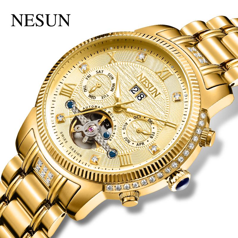 

Wristwatches NESUN Switzerland Official Original Men Business Automatic Stainless Steel Mechanical Male Gold Gift Clock 9310, Gd