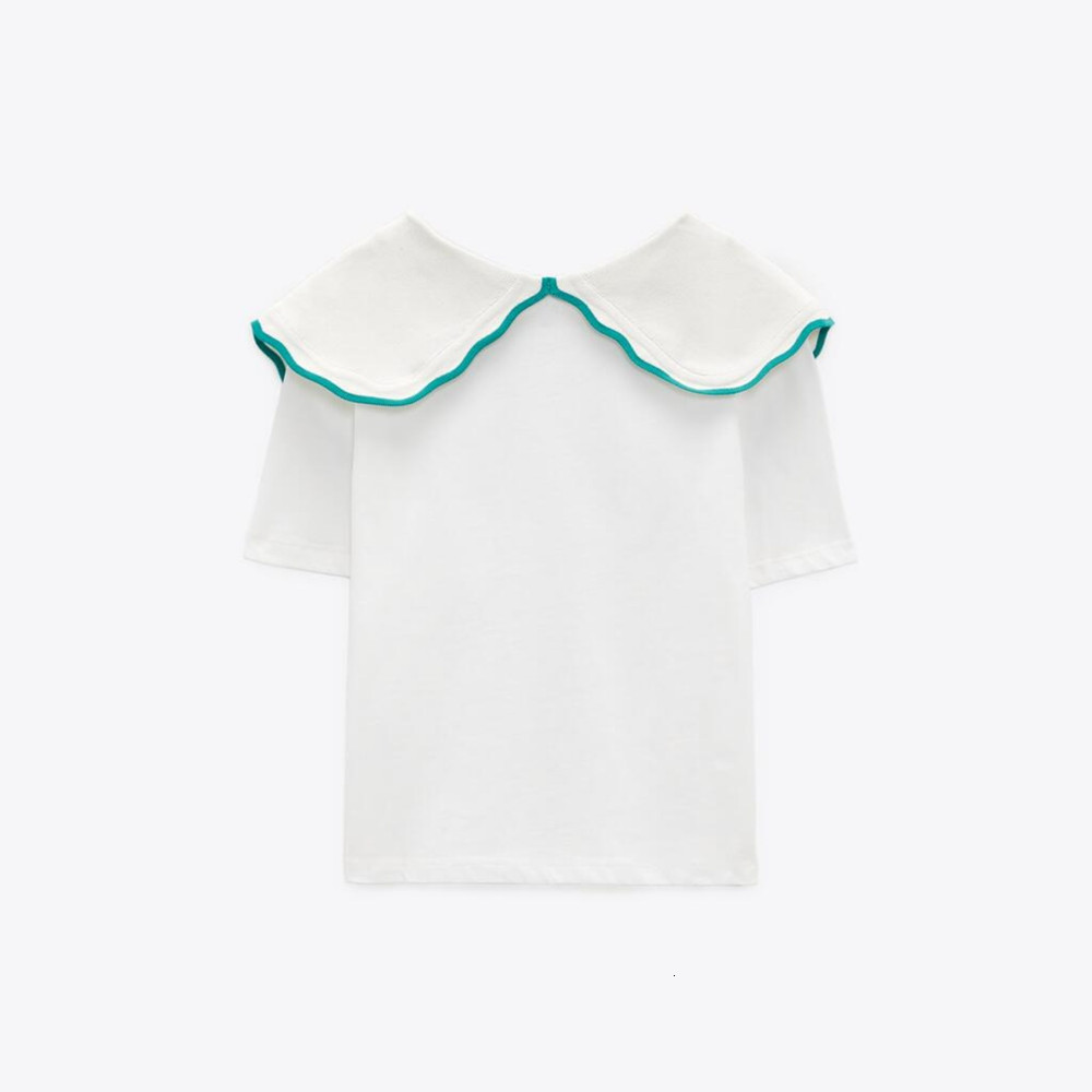 

Women' Sweaters 2021 spring and summer women' clothing lapel contrast color short sleeve stitch top shirt for woman, White