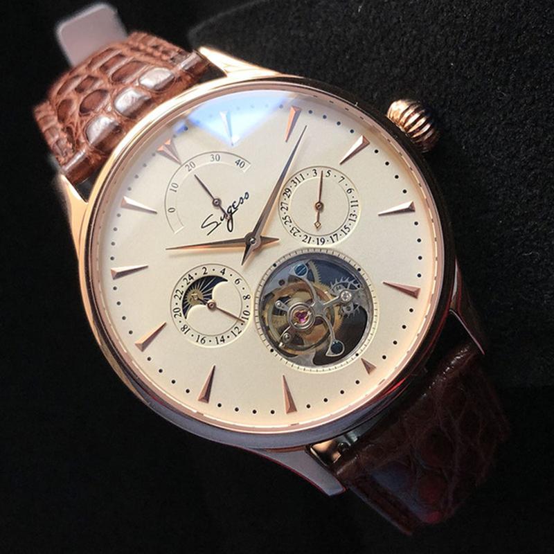 

Wristwatches SUGESS Watch For Men Luxury Casual Fashion Diamond Seagull 8007 Movement Hand Wind Mechanical Tourbillon Moon Phase Date, Gold-no diamond