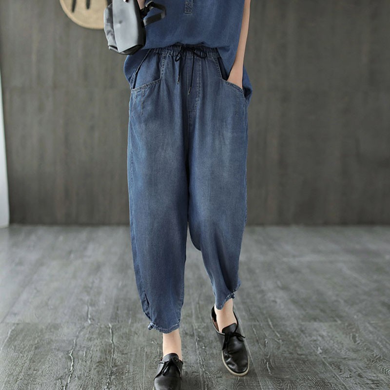

Johnature Autumn Loose Comfortable Pockets Elastic Waist Drawstring Harem Pants Simple Leisure Women Ankle-length Pants 210521, Blue