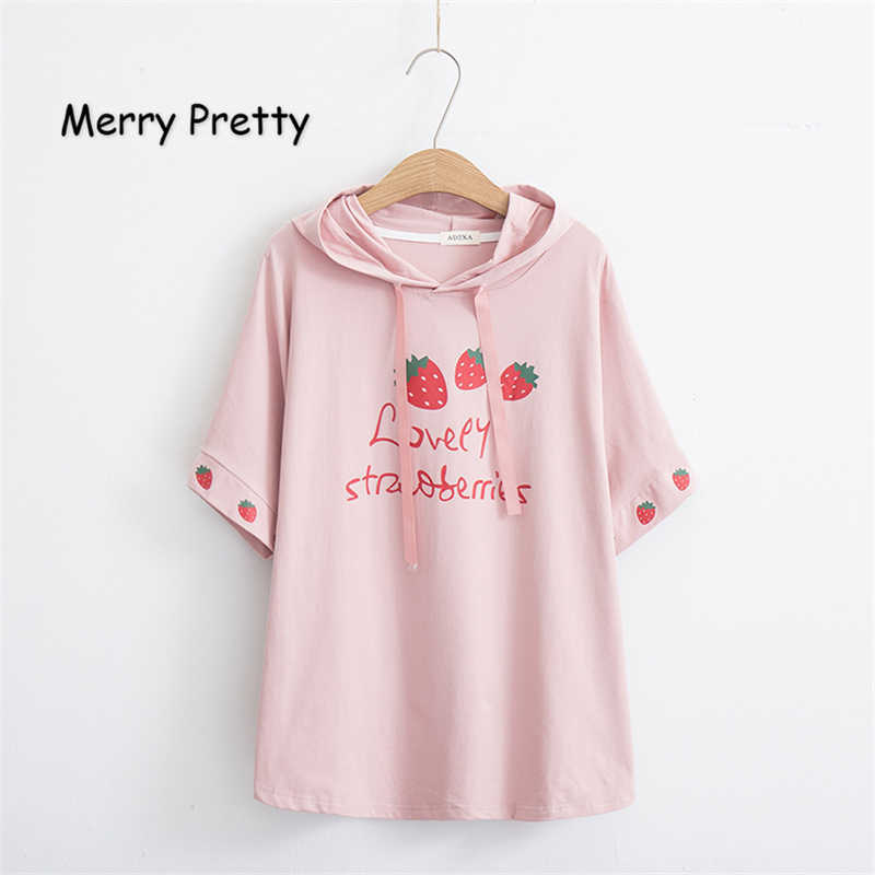 

Merry Pretty Women Hooded Sweatshirt Sweet Girl Cartoon Strawberry Print Cute Pulovers Summer Short Sleeve Harajuku Hoodies 210526, Black