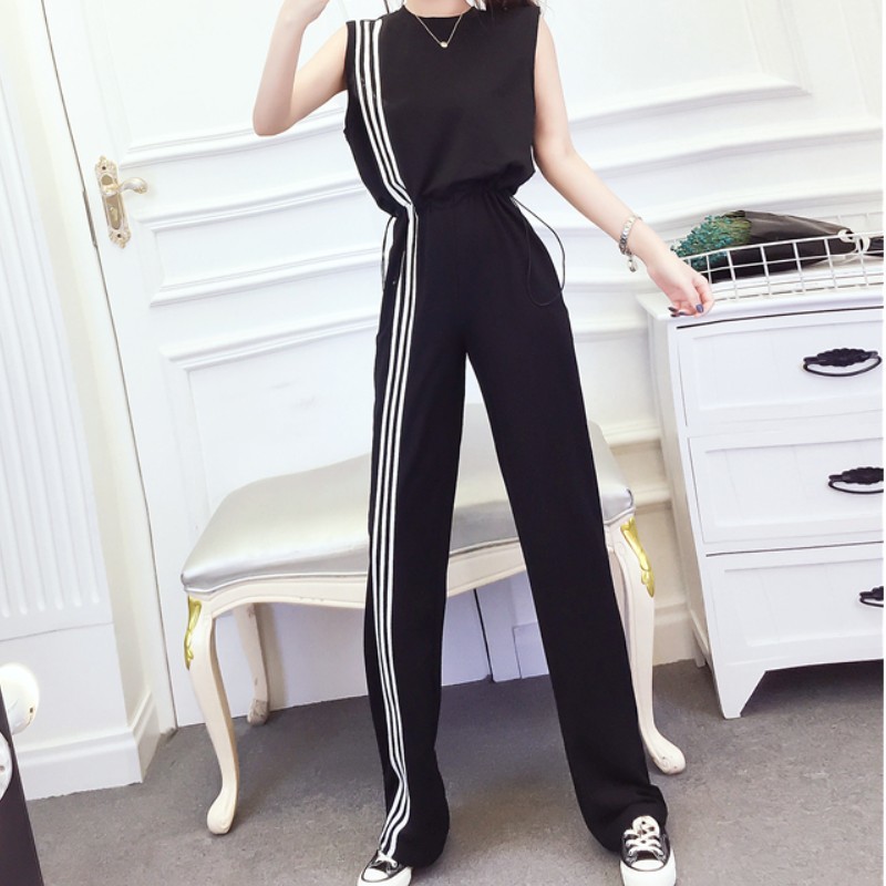 

Summer Casual Women Jumpsuit Fashion Hit Color Striped O-Neck Sleeveless Elastic Waist Female Long Rompers 210518, White