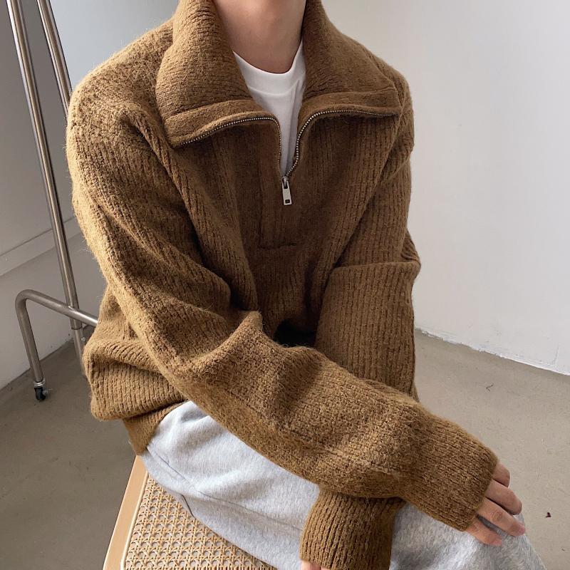 

Men's Sweaters 2021 Fall/Winter Wool Fleece Premium Texture Sweater Turtleneck Half-Zipper Loose Solid Color Knitted Top, White;black