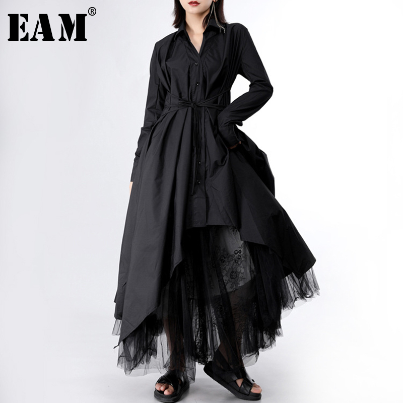 

EAM 2021 New Spring Autumn Lapel Long Sleeve Button Bandage Stitch Pleated Irregular Shirt Dress Women Fashion Tide JY778, Black