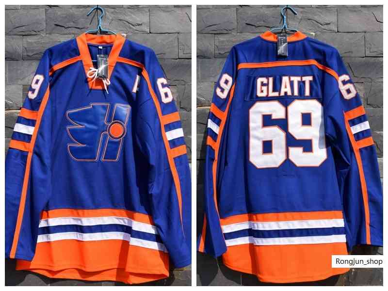 

Hockey Jersey 100% Stitched #69 Doug The Thug Glatt Jersey GOON Movie Hockey Halifax Highlanders Jerseys Blue
