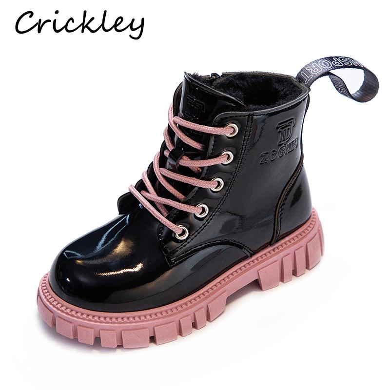 

Boots Winter Solid Girls Fashion Plush Warm PU Leather Zip Ankle Shoes For Kids Thicken Soft Sole Anti Slip Children, Black;grey