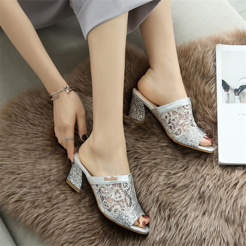 

Slippers 2021 Bling Glitter Mesh PU Leather Summer Shoes Woman Square Heel Mature Mother's Slides A815, Gold