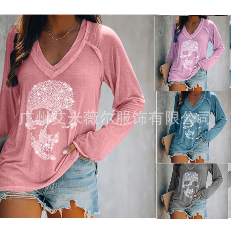 

2020 spring and summer women' skull head inlaid diamond leisure long sleeve Pullover deep V-neck T-shirt, Gray