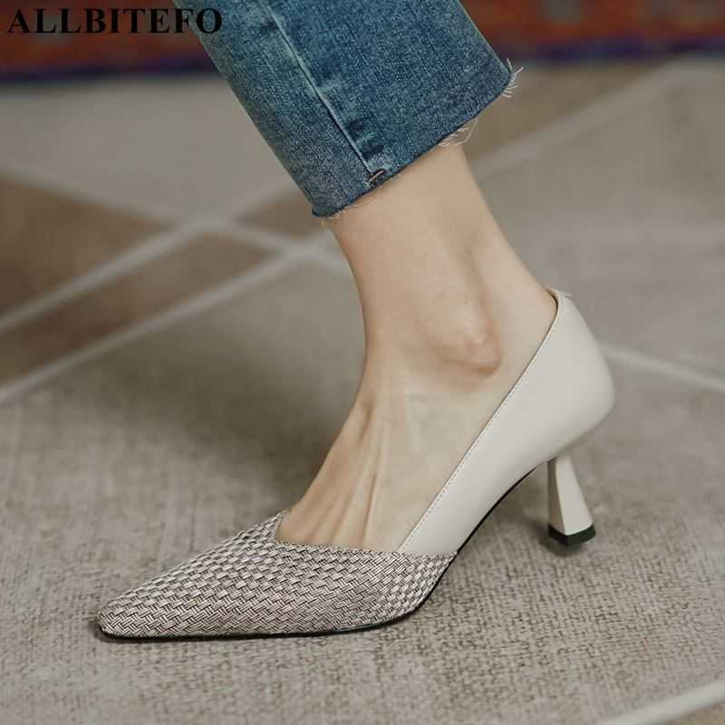 

ALLBITEFO Weaving material design genuine leather women heels shoes pointed toe sexy fashion party wedding shoes high heel shoes 210611, As picture