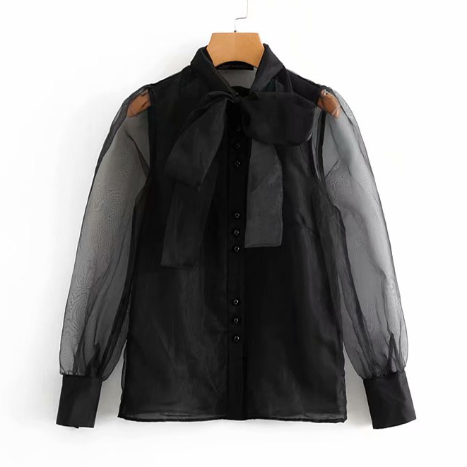 

Women Vintage Sexy Transparent Bow tied Collar Casual Black Organza Blouse Shirt Business Feminina Blusas Chic Tops xl xxl, 2348