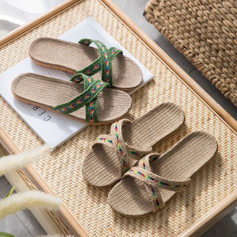 

Slippers Japan Style Summer Linen For Women Indoor Non-Slip Soft Household Couple's Sandals Home Shoes