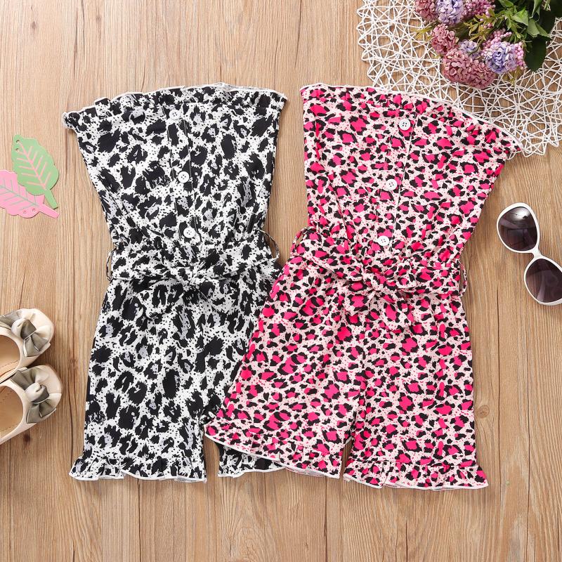 

Jumpsuits Little Girls Jumpsuit With Waist Belt, Leopard Patterns Strapless Ruffle Trim Romper, Button-Down Short Pants 1-5T, Blue
