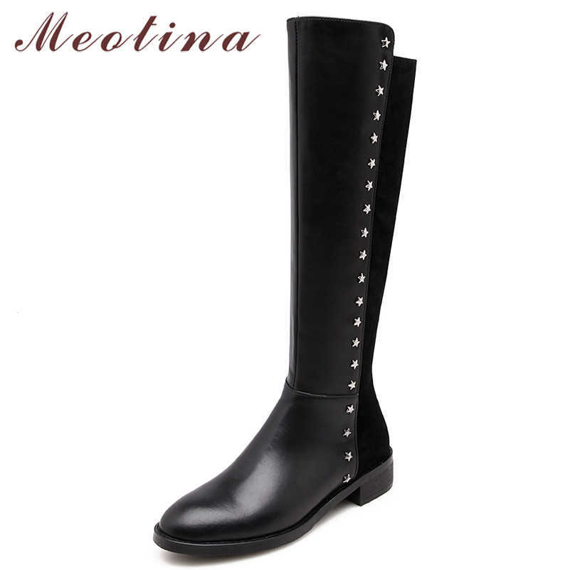 

Meotina Women Boots Autumn Knee High Boots Natural Genuine Leather Thick Heels Long Boots Zipper Round Toe Shoes Lady Size 34-39 210608, Black