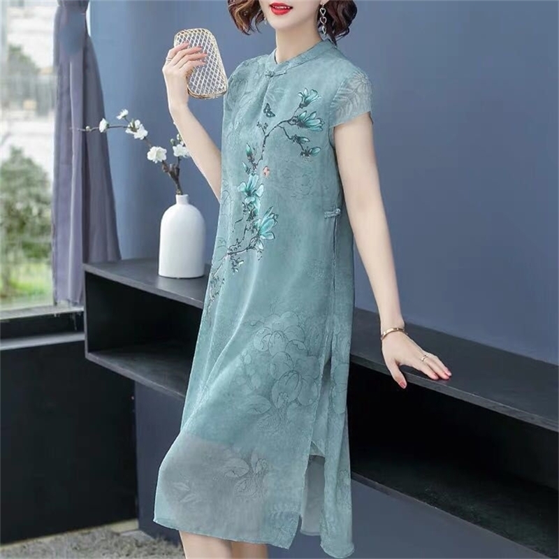

Plus size dress Chinese style summer Office Lady Knee-Length Zippers V-Neck Polyester Sheath 210603, Green