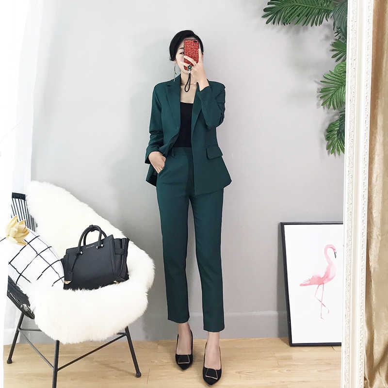 

Casual women's office suits pants autumn solid color full sleeve Female slim Two-piece sets 210527