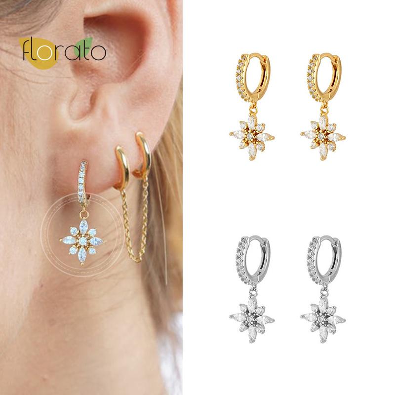 

Hoop & Huggie 925 Sterling Silver White Zircon Flower Pendant Earrings Small Round For Women Valentine's Day Gift Pendientes