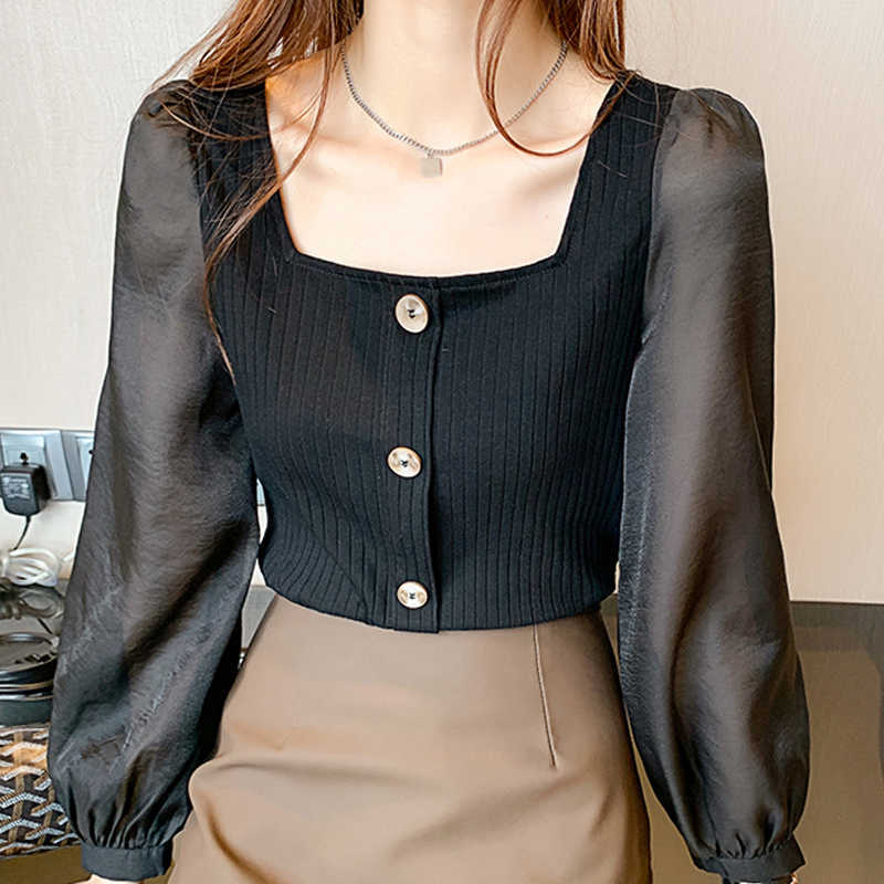 

Long Sleeve Black Women Shirt Blusas Mujer De Moda Square Collar Chiffon Knitted Blouse Women Shirt Women Tops Blusa E566 210602