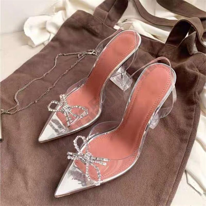 

AMINA MUADDI 2021 Dress Shoes begum bowknot crystal buckle Transparent diamond sandals shine cap toe heels tip with the empty sexy BWI
