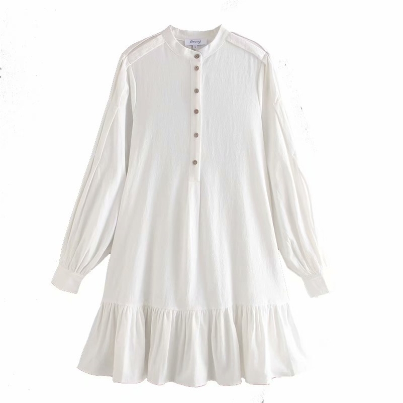 

Washed Cotton Sleeve Stand Collar Dress Chiffon Holiday Style A-line Women Spring Summer O-neck Female Short 210524, Blue