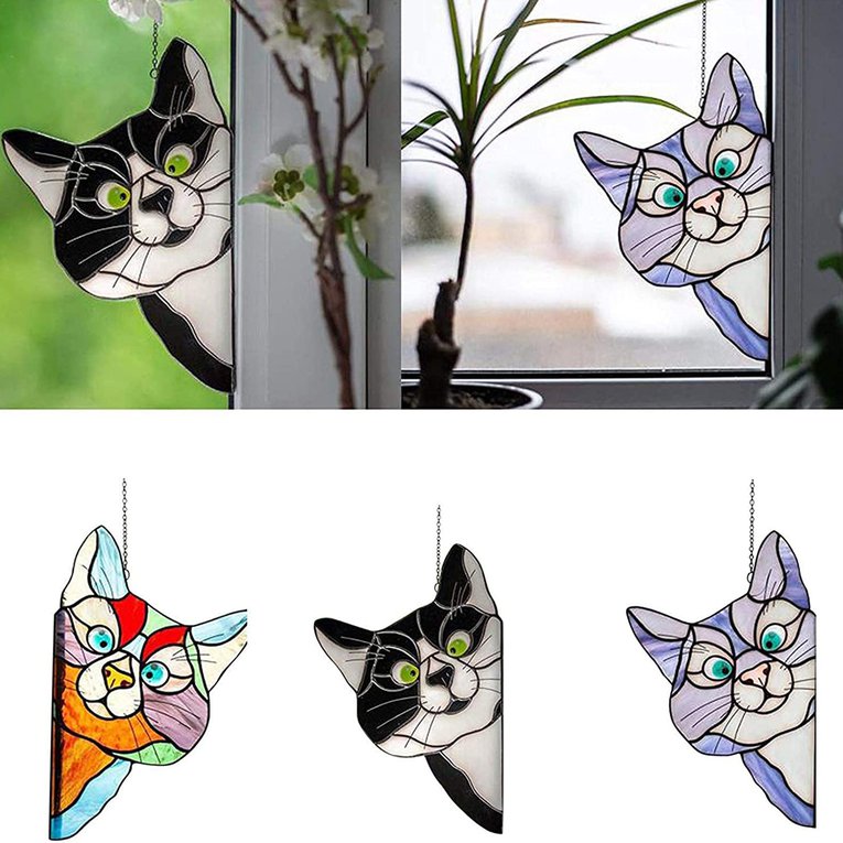 

Peeking Cats Stained Glass Cat Window Hanger Decorative Objects Kitty Windows Panel Hanging Decoration Pendant Funny Design Indoor Home Decor