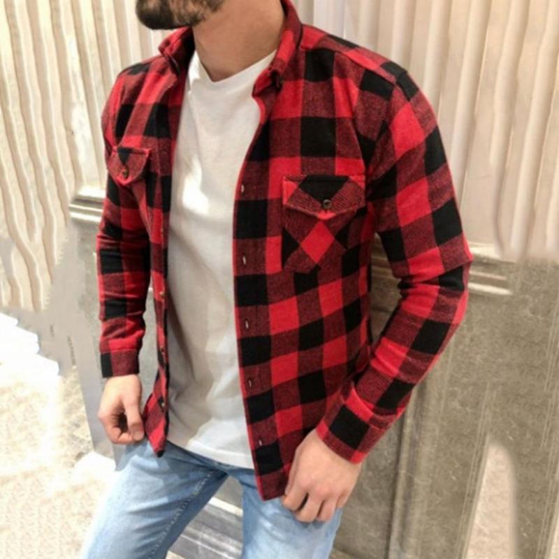 

Men's Casual Shirts Men Shirt Grid Single-breasted Turn-down Collar Soft Streetwear Teenager Spring For Daily Wear, Red