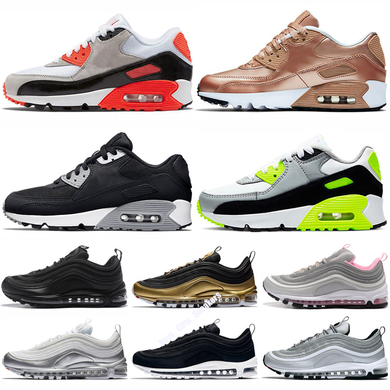 

AM 90 Kids Running Shoes Hyper Blue Teal Little Light Smoke Grey Pink Metallic Silver Triple White Aurora Green Volt Barely Sneakers, Top quality