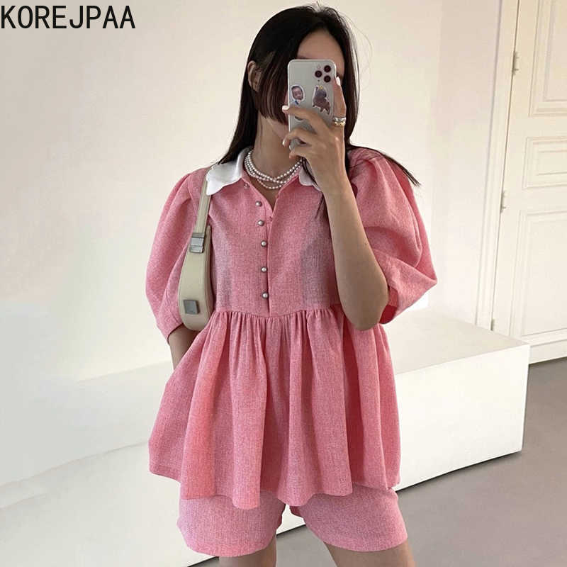 

Korejpaa Women Set Summer Korean Chic Western Style Age-Reducing Sweet Lapel Doll Shirt High Waist Loose Casual Shorts 210526, Green shorts
