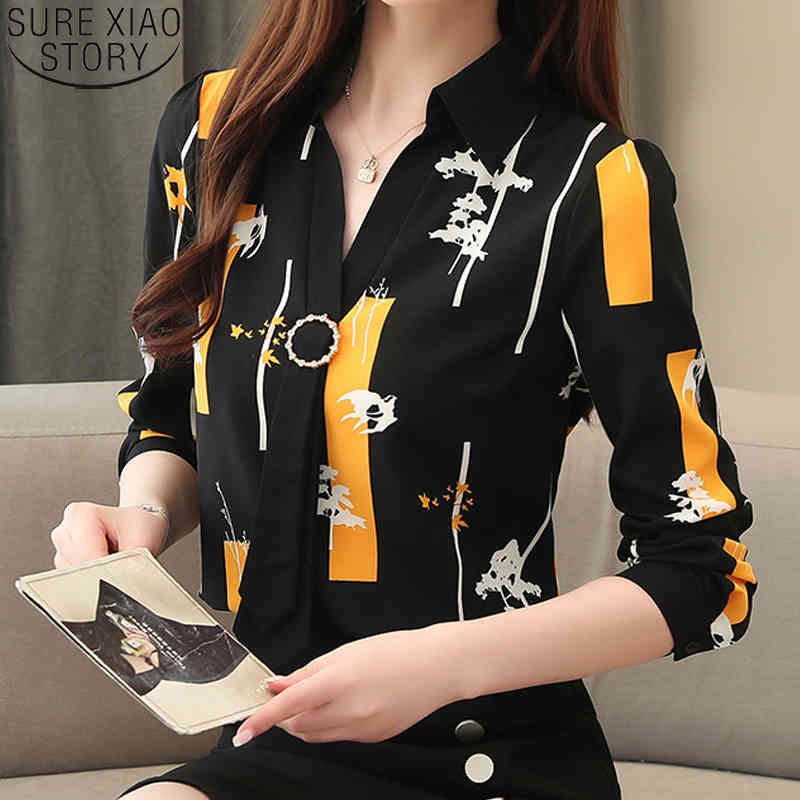 

Elegant Loose Women Tops and Blouse Fashion Plus Size Spring Long Sleeve Print Office Lady Shirt Blusas 8087 50, Black