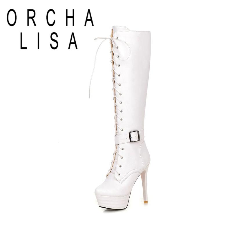 

Boots ORCHA LISA Winter Ladies Knee High Belt Buckle Round Toe Lace Up 13CM Platforms Zip Stiletto Heel Shoes US14 White A4207, Black