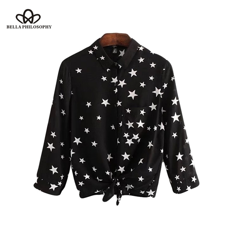 

Bella Feminina Sweet Star Print Chiffon women Blouse Women Casual Bow Tie Long Sleeve Summer ladies Tops 210519, Black