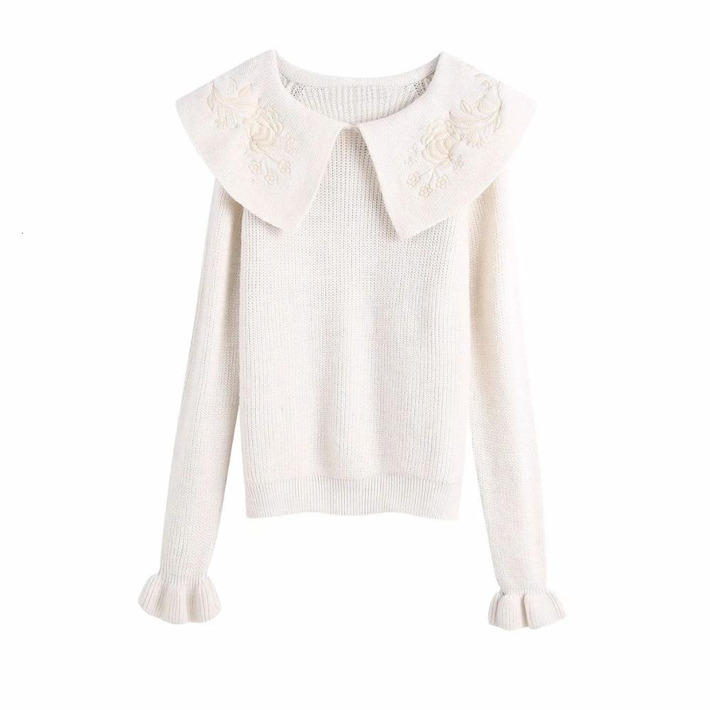

sweaters Autumn Winter Women Knit Embroidery Peter Pan Collar Long Sleeves Top Pullover Casual Fashion Sweater, White
