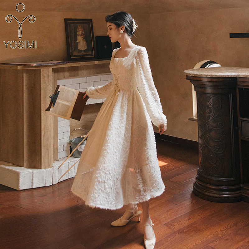 

YOSIMI Beige Long Dres Summer Square Collar Fit and Flare Mid-calf Sleeve Chiffon Bandage Party Elegant 210604