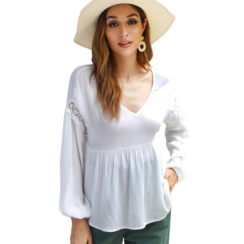 

Women' Blouses & Shirts Summer Chiffon Lace Patchwork White Women Plus Size Casual Long Sleeve Sexy V-neck Female Blusas