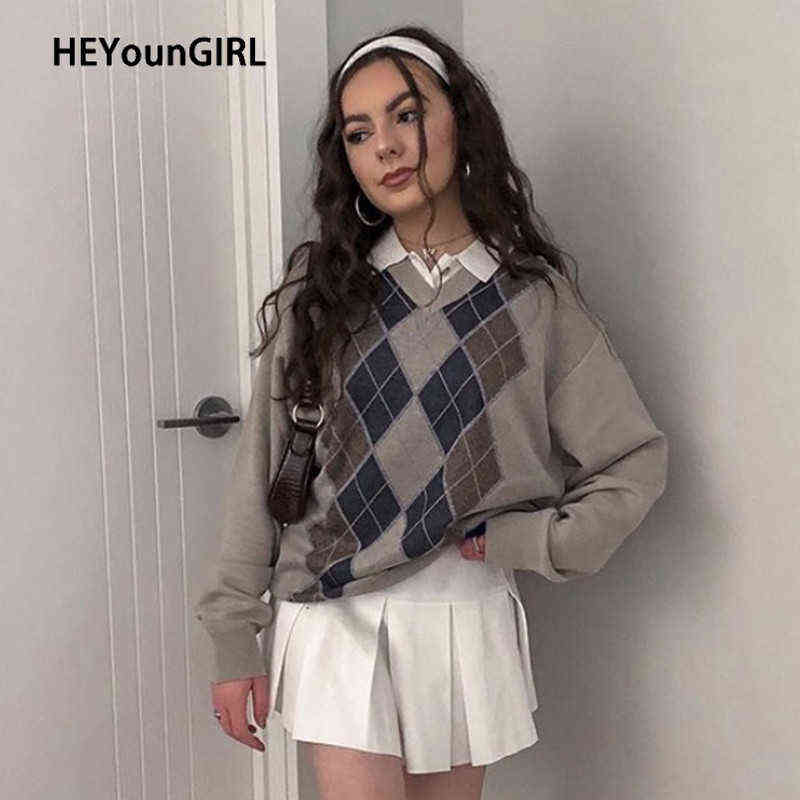 

HEYounGIRL Preppy Style Vintage V Neck Sweater Women Autumn Casual Argyle Plaid Jumper Female Korean Fashion Pullover Winter Y1110, Brown