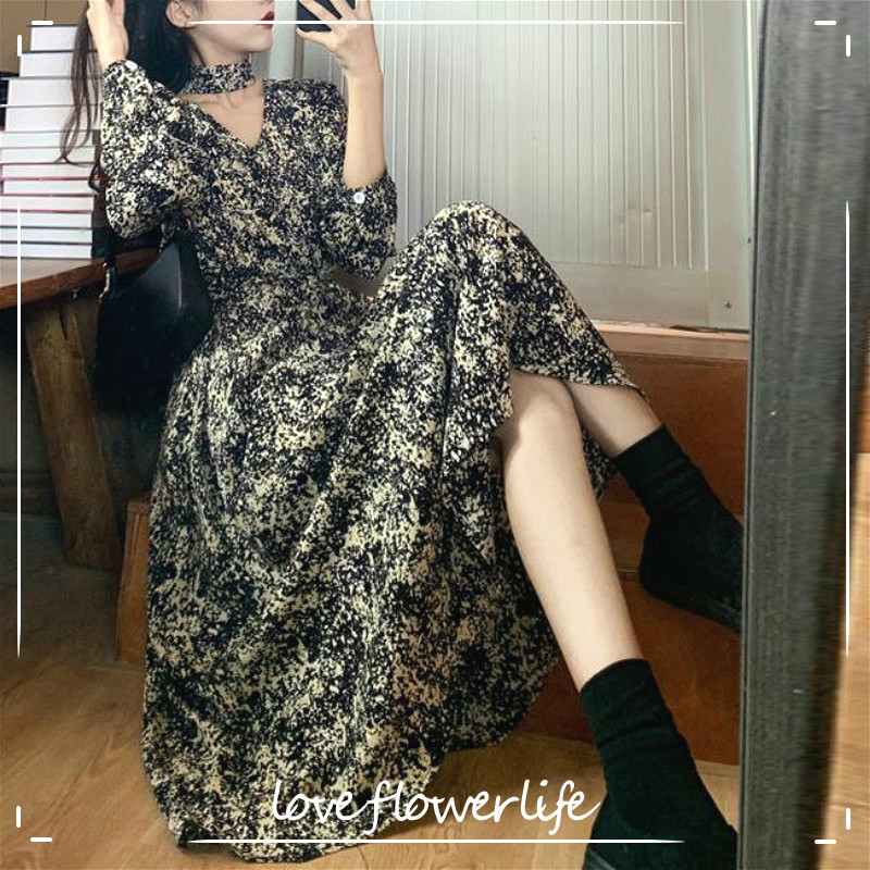

Floral Dress Women Vintage V-Neck Evening Party Midi Dress Female Long Sleeve Fairy Elegant Dress Korean Autumn 210521, Style 2