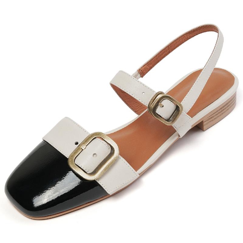 

Sandals Women's Genuine Leather Double Metal Buckle Square Toe Mix Color Patchwork Slingback Flats Soft Comfrotable Casual Shoes, Beige