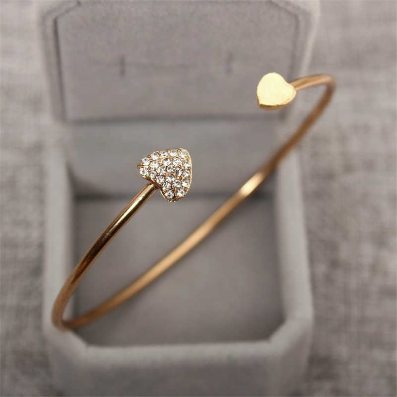 

2020 Hot New Fashion Adjustable Crystal Double Heart Bow Bilezik Cuff Opening Bracelet for Women Jewelry A051 Q0719