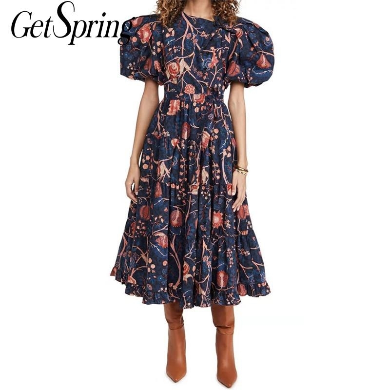 

GetSpring Women Dress Printed Vintage Diagonal Collar Puff Sleeve Maxi es High Waist Lace Up Long Summer es 210601, White