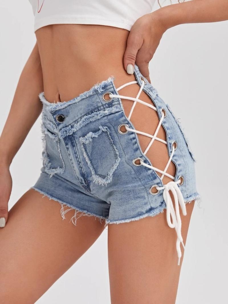 

Women' Shorts 2022 Edge Side Corn Bandage Denim Pocket Decoration, Light blue