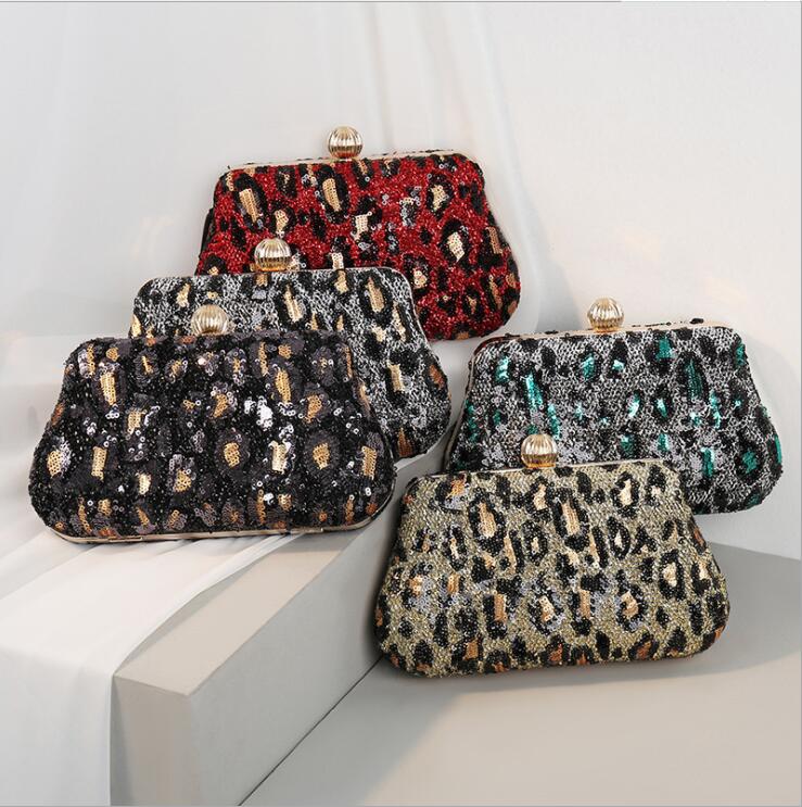 

Factory wholesale women leather dinner bag retro leopard dress handbag personalized sequin chain bags elegant embroidery hard box dress handbags, Red(boutique box)