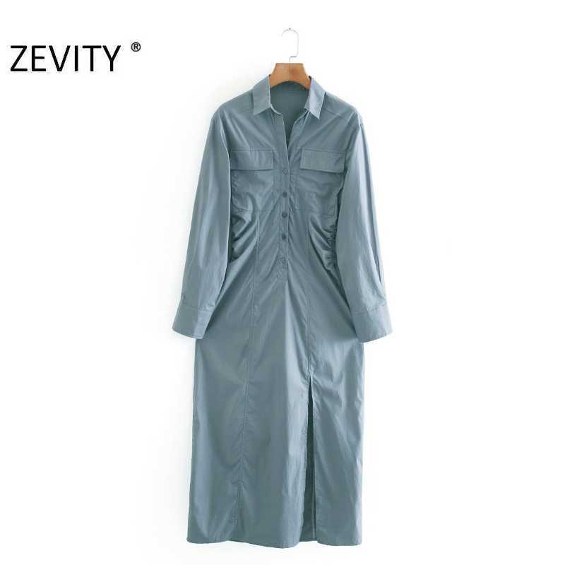 

Zevity Autumn Women Vintage Solid Double Pockets Patch Waist Pleated Midi Dress Office Ladies Chic Split Business Vestido DS4595 210603, As pic ds4595xn