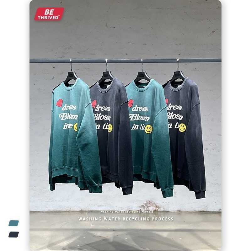 

Be men's clothing | 2021 autumn washing fork foaming smiling face printing round neck sweater street fashion brand coat, Dark green