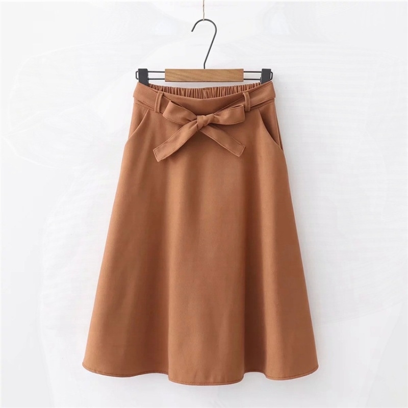

Elegant Women Skirt High Waist Pleated Knee Length Skirt Vintage A Line Big Bow Skirts 210518, Kahki