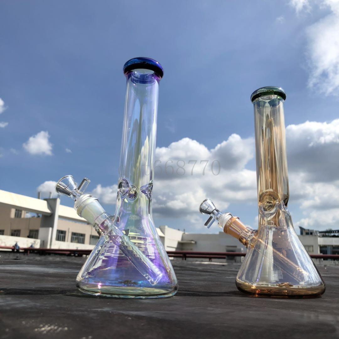 

10" thick beaker bong rainbowl smoke gray color tall glass water pipe big straight tube dab oil rig bubbler with downsteam and bowl